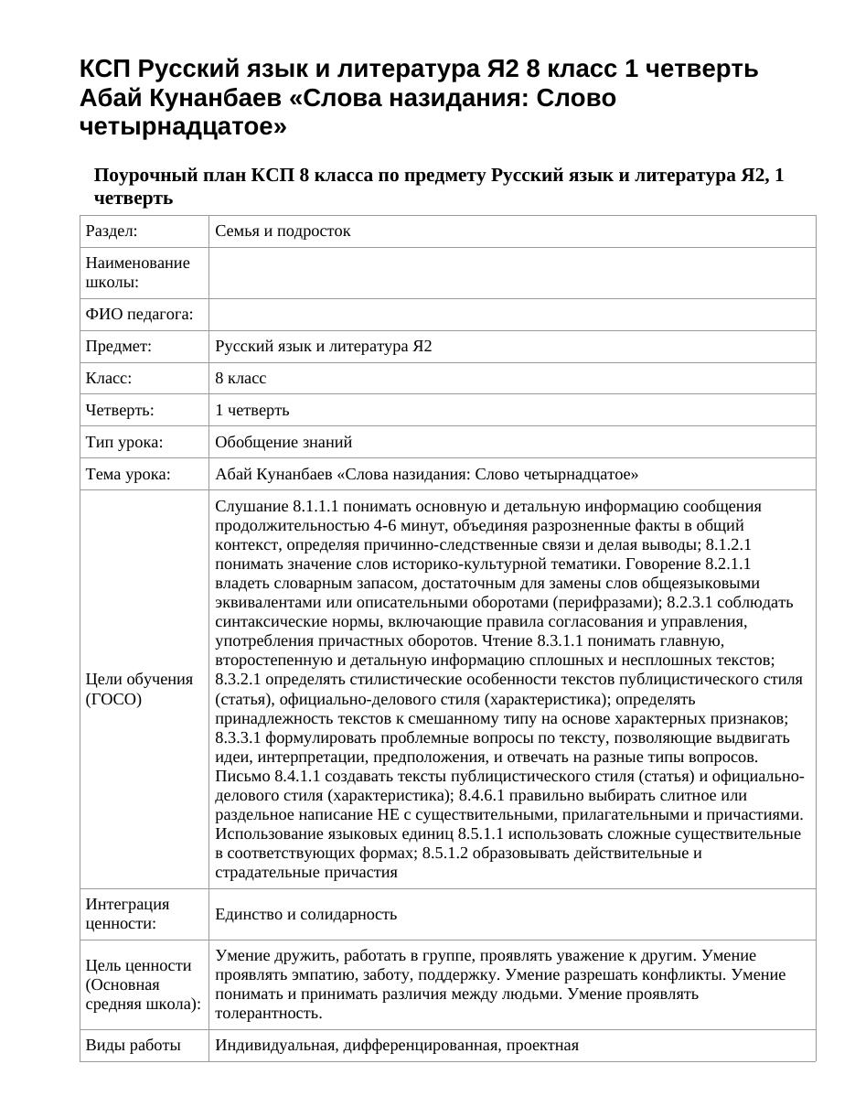КСП Русский язык и литература Я2 8 класс 1 четверть Абай Кунанбаев «Слова назидания: Слово четырнадцатое»