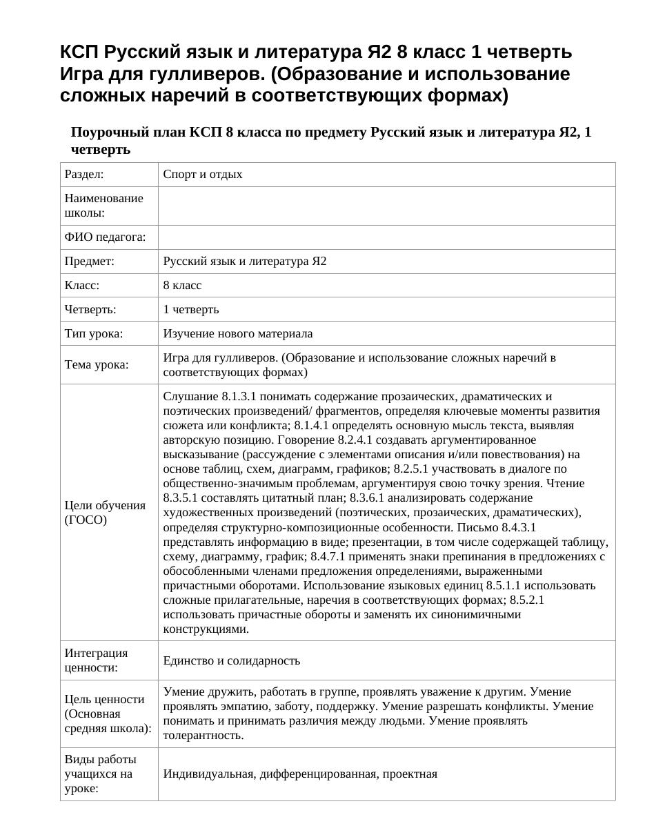 КСП Русский язык и литература Я2 8 класс 1 четверть Игра для гулливеров. (Образование и использование сложных наречий в соответствующих формах)