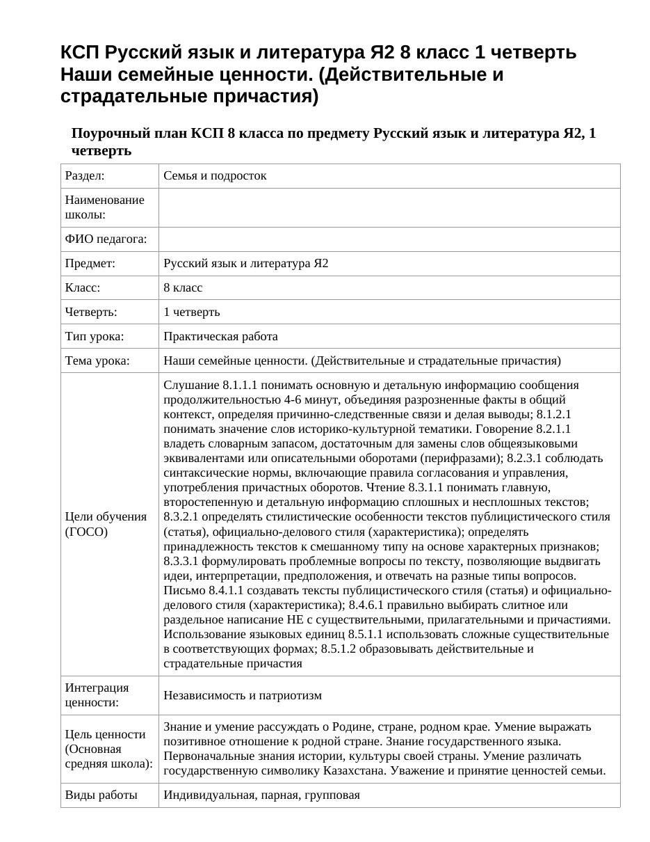 КСП Русский язык и литература Я2 8 класс 1 четверть Наши семейные ценности. (Действительные и страдательные причастия)