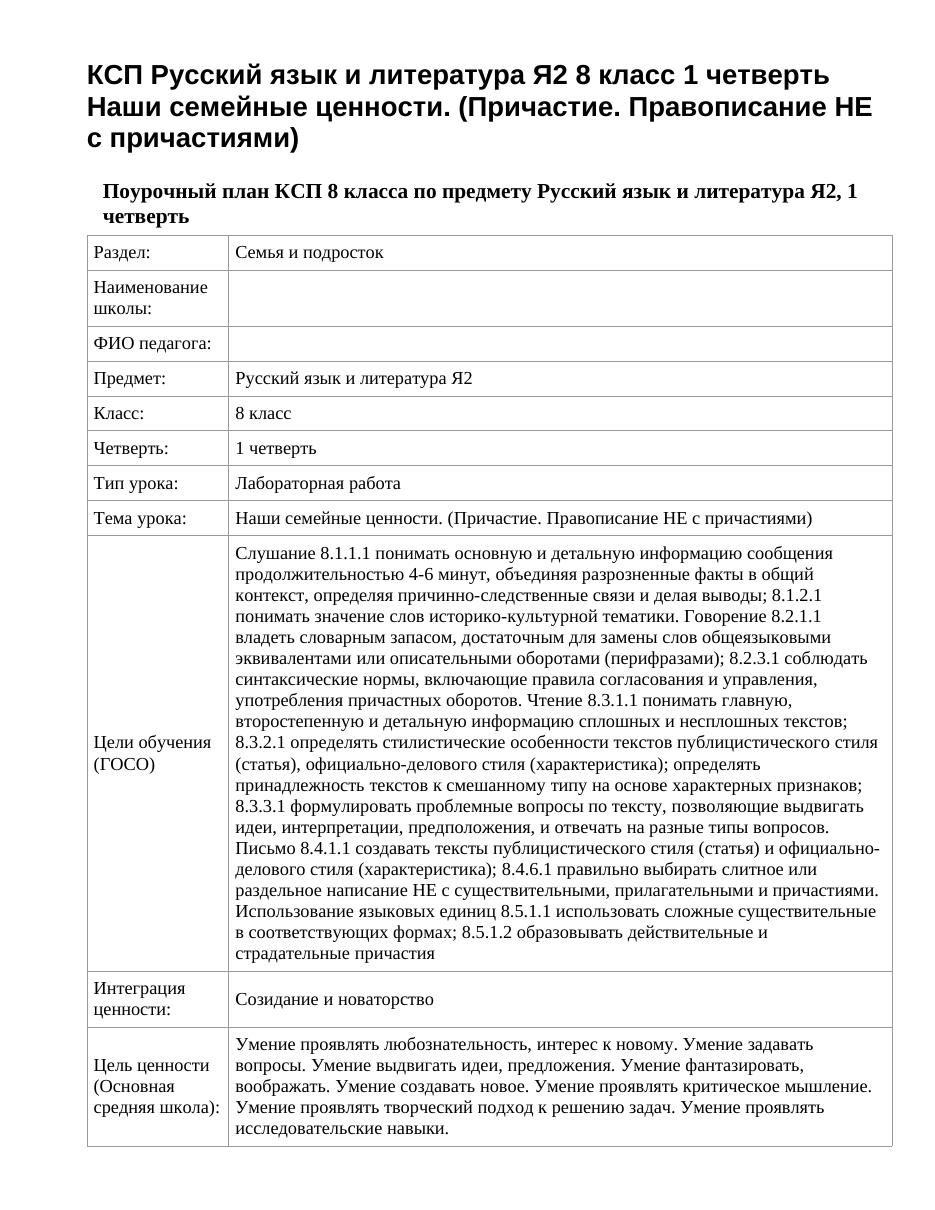 КСП Русский язык и литература Я2 8 класс 1 четверть Наши семейные ценности. (Причастие. Правописание НЕ с причастиями)