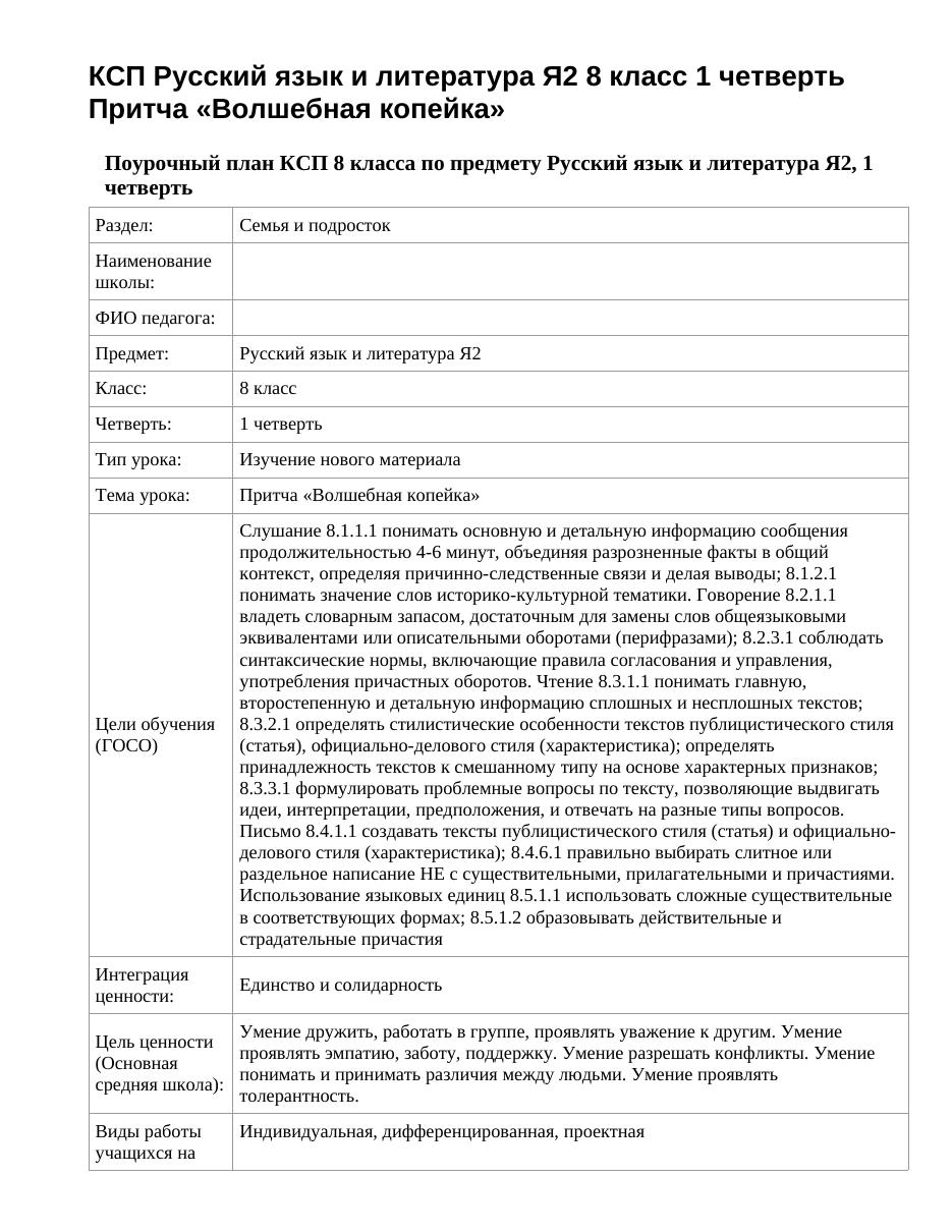 КСП Русский язык и литература Я2 8 класс 1 четверть Притча «Волшебная копейка»