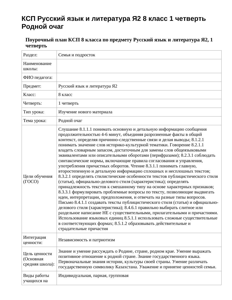 КСП Русский язык и литература Я2 8 класс 1 четверть Родной очаг