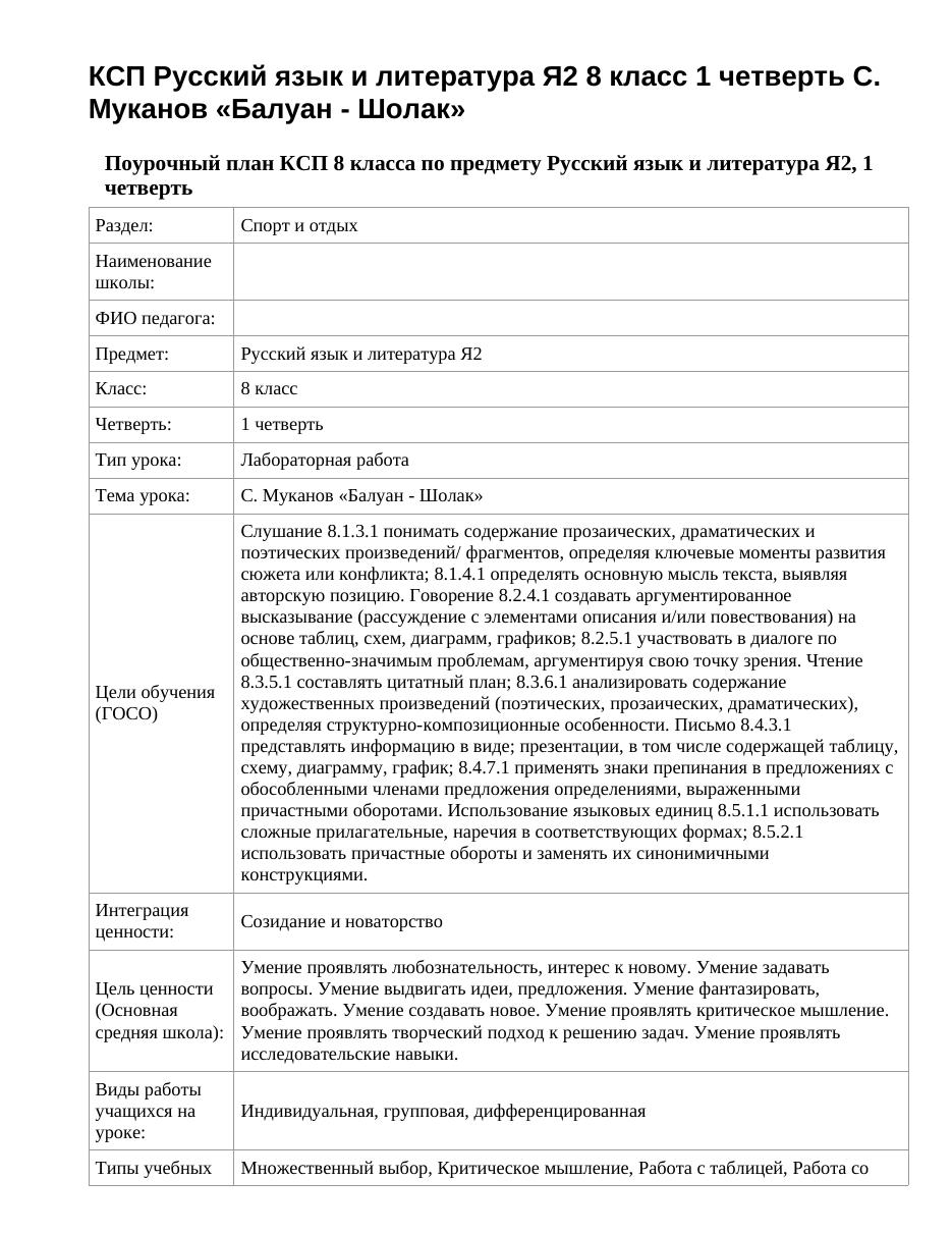 КСП Русский язык и литература Я2 8 класс 1 четверть С. Муканов «Балуан - Шолак»