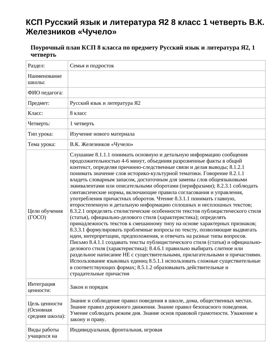 КСП Русский язык и литература Я2 8 класс 1 четверть В.К. Железников «Чучело»