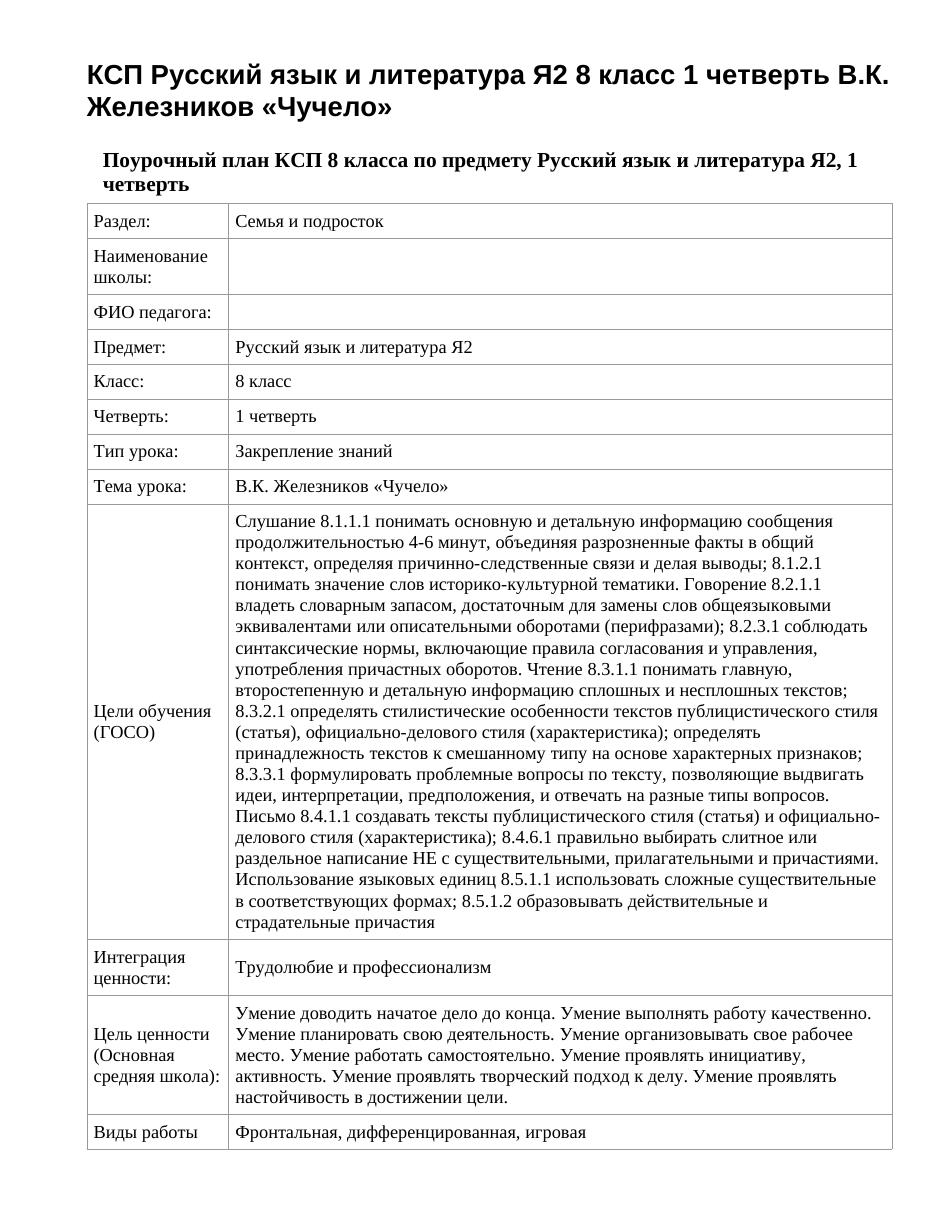 КСП Русский язык и литература Я2 8 класс 1 четверть В.К. Железников «Чучело»