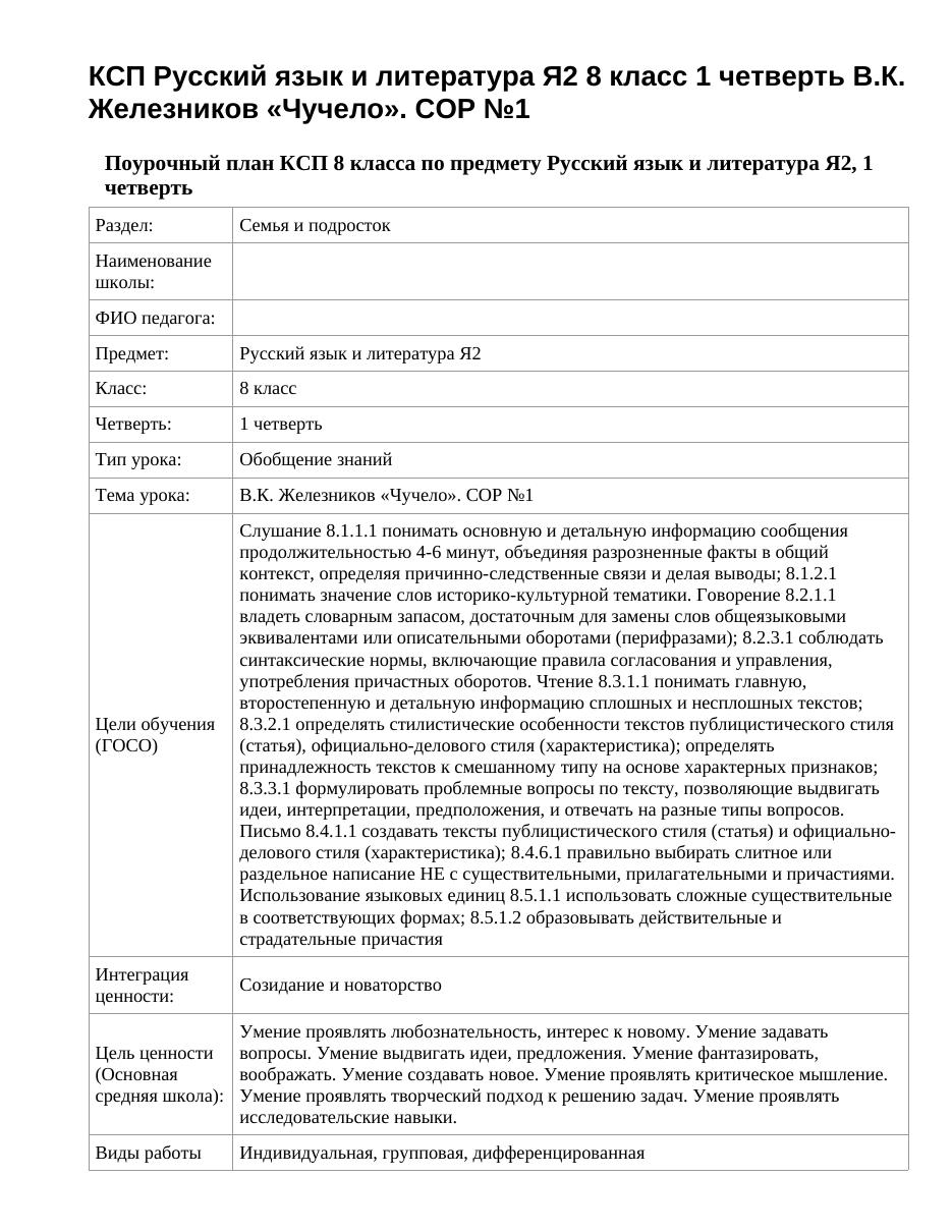 КСП Русский язык и литература Я2 8 класс 1 четверть В.К. Железников «Чучело». СОР №1