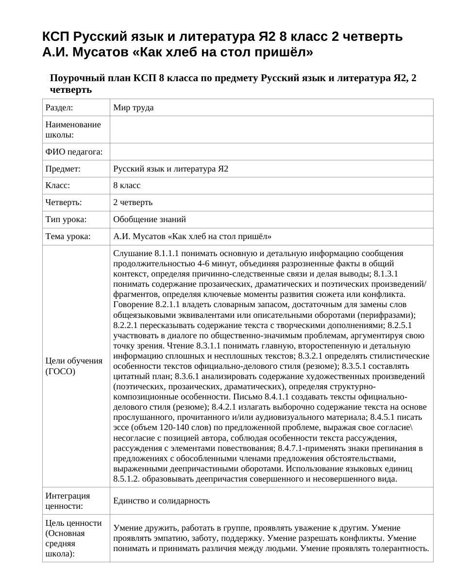 КСП Русский язык и литература Я2 8 класс 2 четверть А.И. Мусатов «Как хлеб на стол пришёл»
