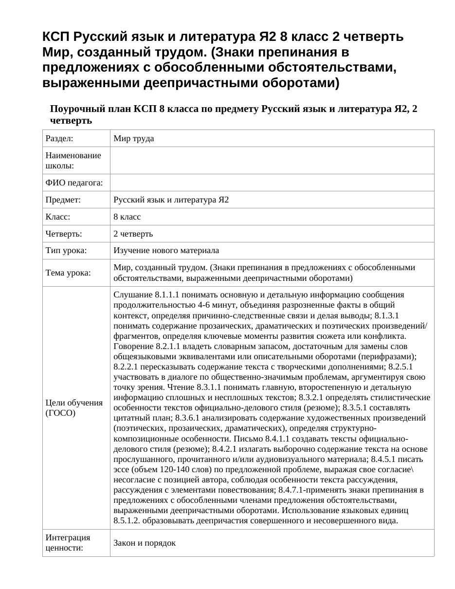 КСП Русский язык и литература Я2 8 класс 2 четверть Мир, созданный трудом. (Знаки препинания в предложениях с обособленными обстоятельствами, выраженными деепричастными оборотами)