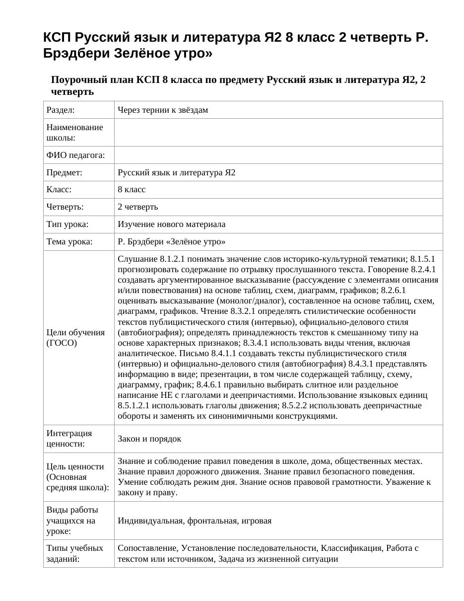 КСП Русский язык и литература Я2 8 класс 2 четверть Р. Брэдбери Зелёное утро»