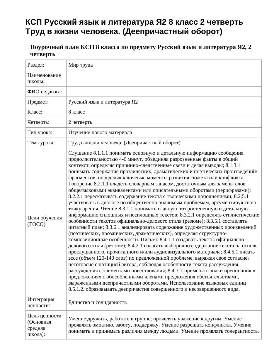 КСП Русский язык и литература Я2 8 класс 2 четверть Труд в жизни человека. (Деепричастный оборот)