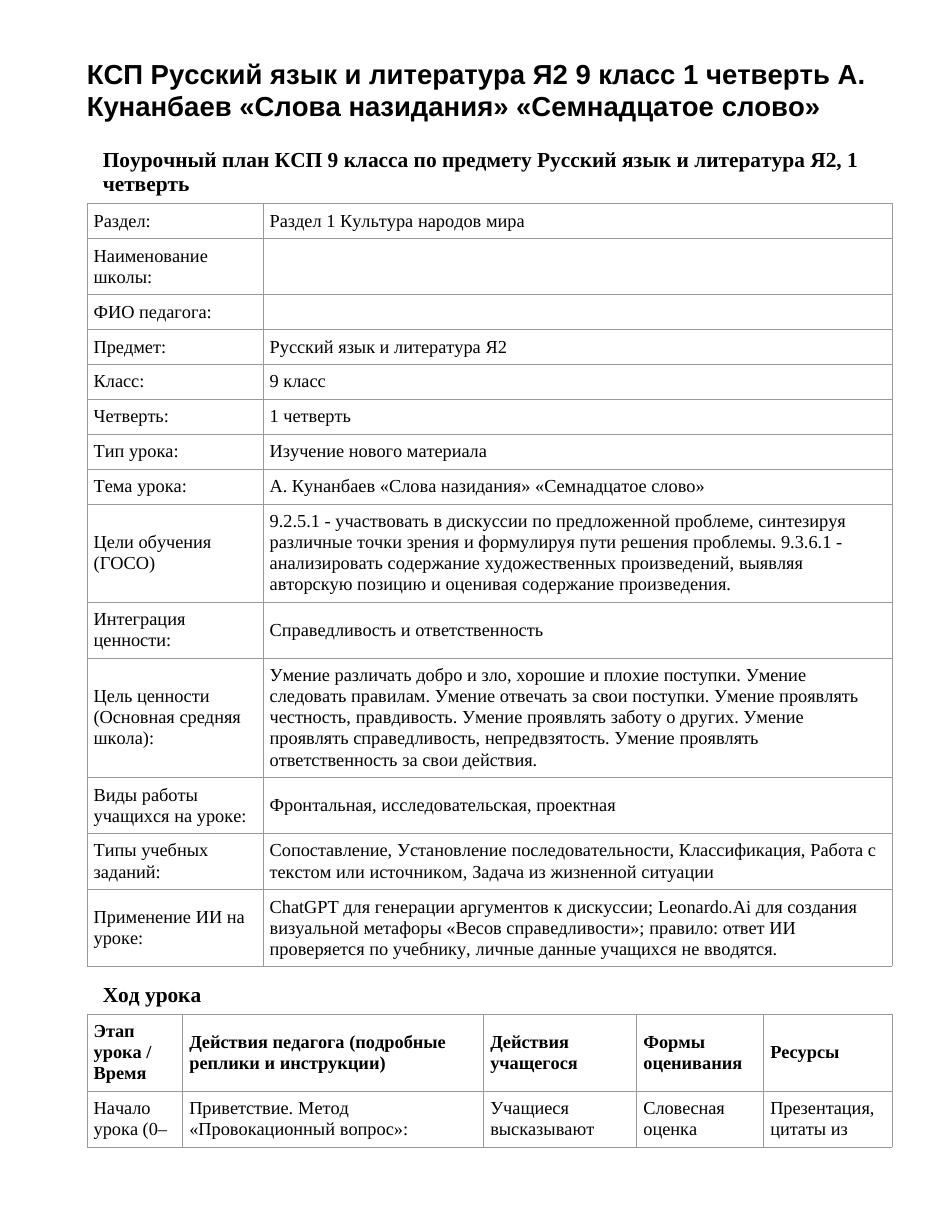 КСП Русский язык и литература Я2 9 класс 1 четверть А. Кунанбаев «Слова назидания» «Семнадцатое слово»