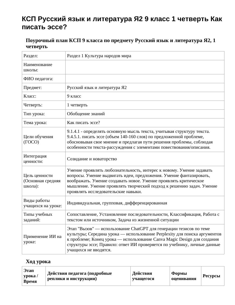 КСП Русский язык и литература Я2 9 класс 1 четверть Как писать эссе?