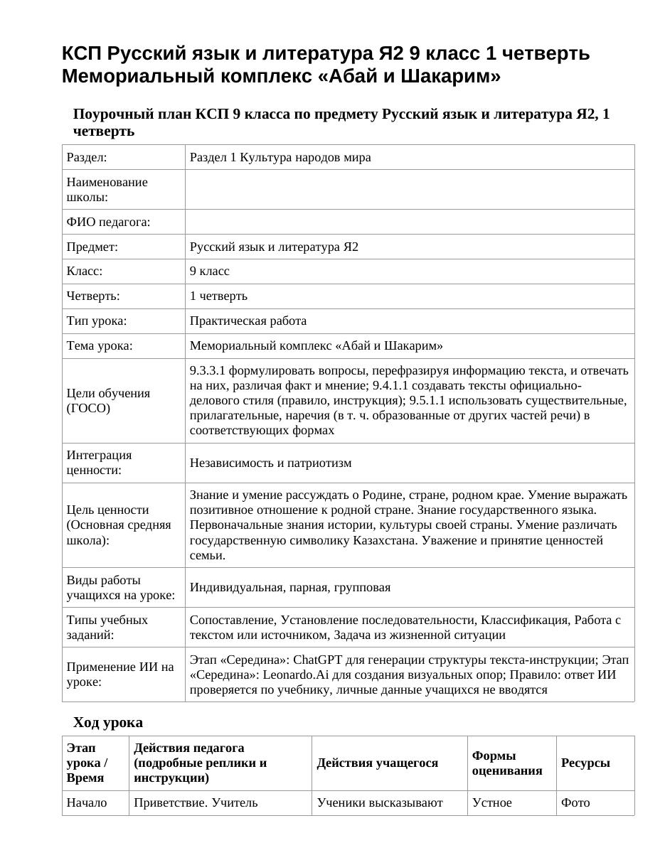 КСП Русский язык и литература Я2 9 класс 1 четверть Мемориальный комплекс «Абай и Шакарим»