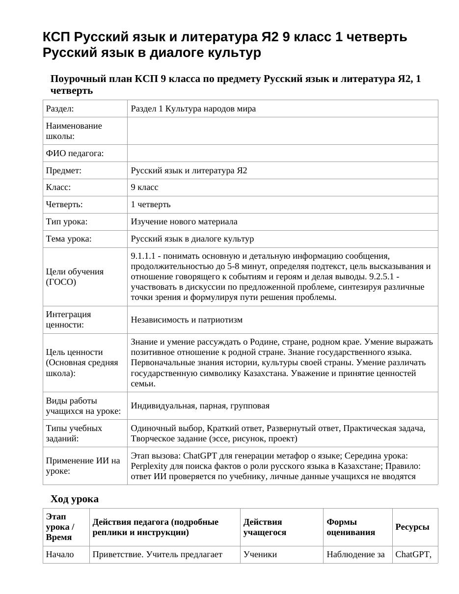 КСП Русский язык и литература Я2 9 класс 1 четверть Русский язык в диалоге культур