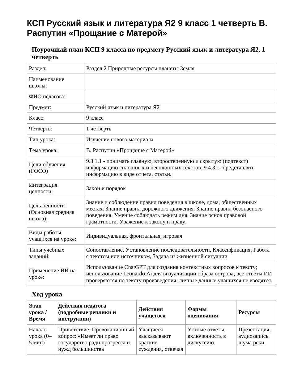 КСП Русский язык и литература Я2 9 класс 1 четверть В. Распутин «Прощание с Матерой»
