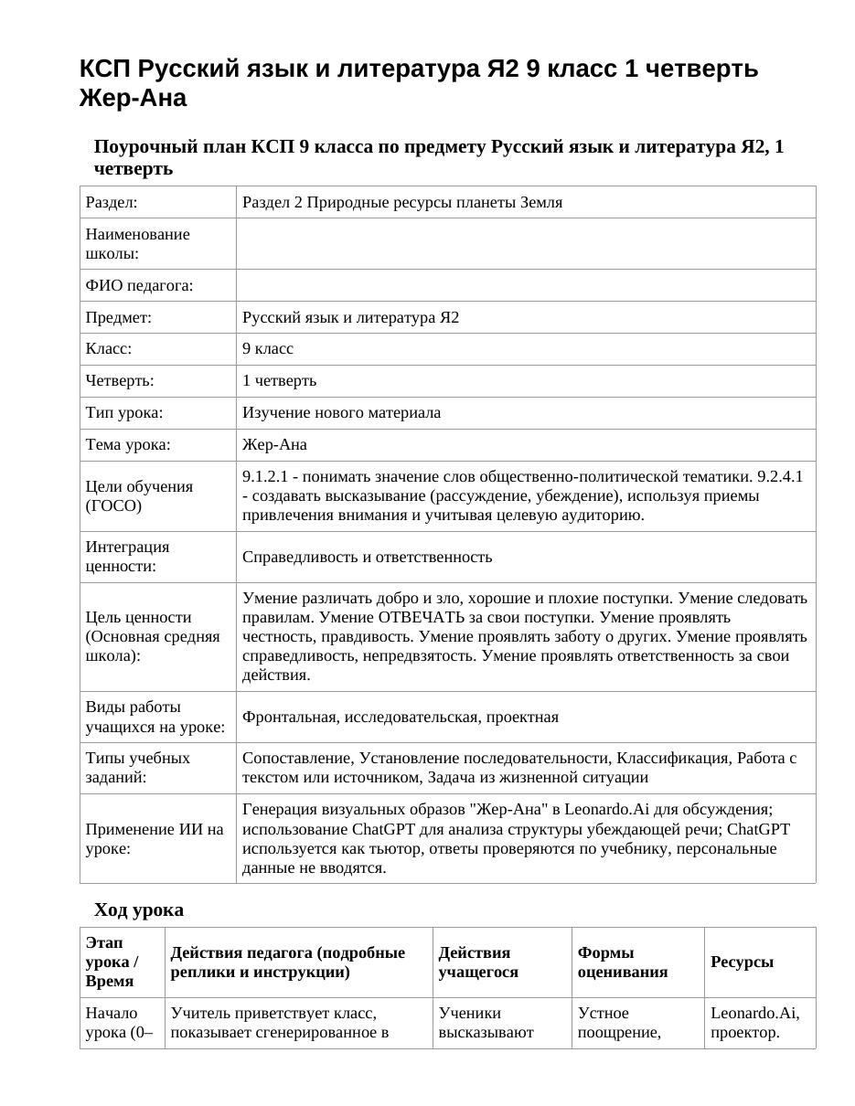 КСП Русский язык и литература Я2 9 класс 1 четверть Жер-Ана