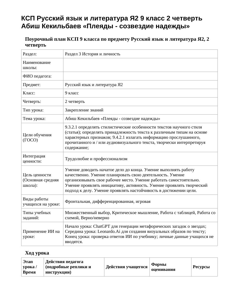 КСП Русский язык и литература Я2 9 класс 2 четверть Абиш Кекильбаев «Плеяды - созвездие надежды»