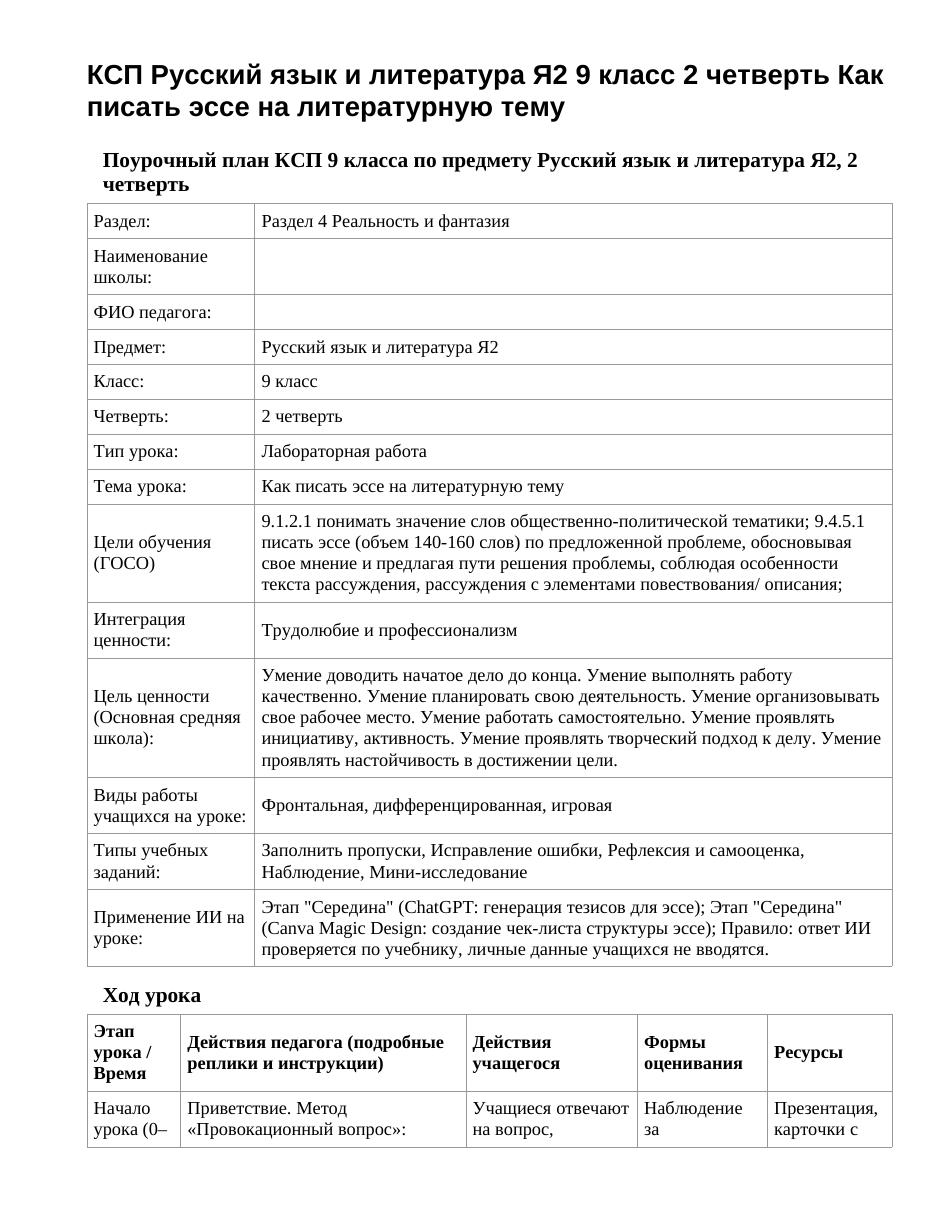 КСП Русский язык и литература Я2 9 класс 2 четверть Как писать эссе на литературную тему