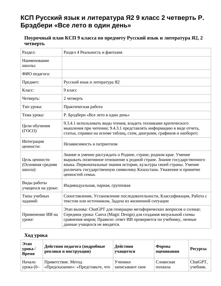 КСП Русский язык и литература Я2 9 класс 2 четверть Р. Брэдбери «Все лето в один день»