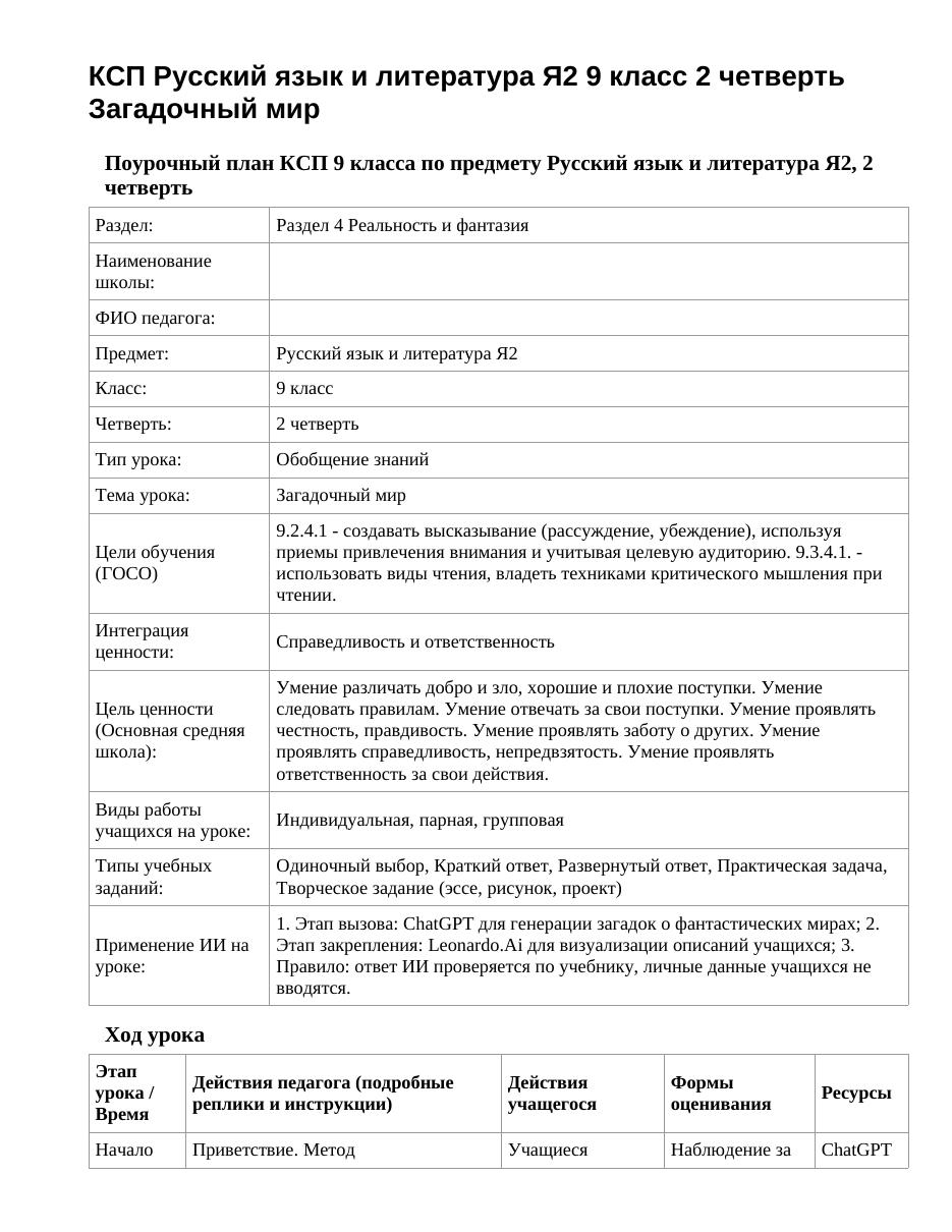 КСП Русский язык и литература Я2 9 класс 2 четверть Загадочный мир