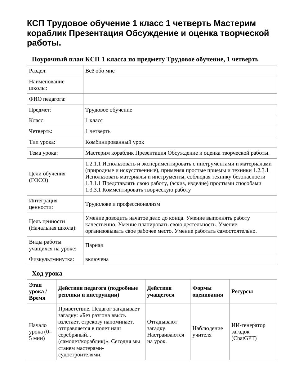 КСП Трудовое обучение 1 класс 1 четверть Мастерим кораблик Презентация Обсуждение и оценка творческой работы.