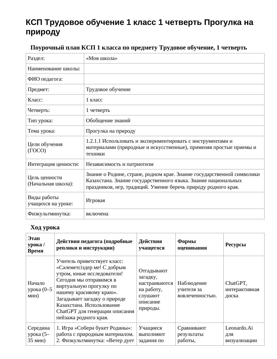 КСП Трудовое обучение 1 класс 1 четверть Прогулка на природу