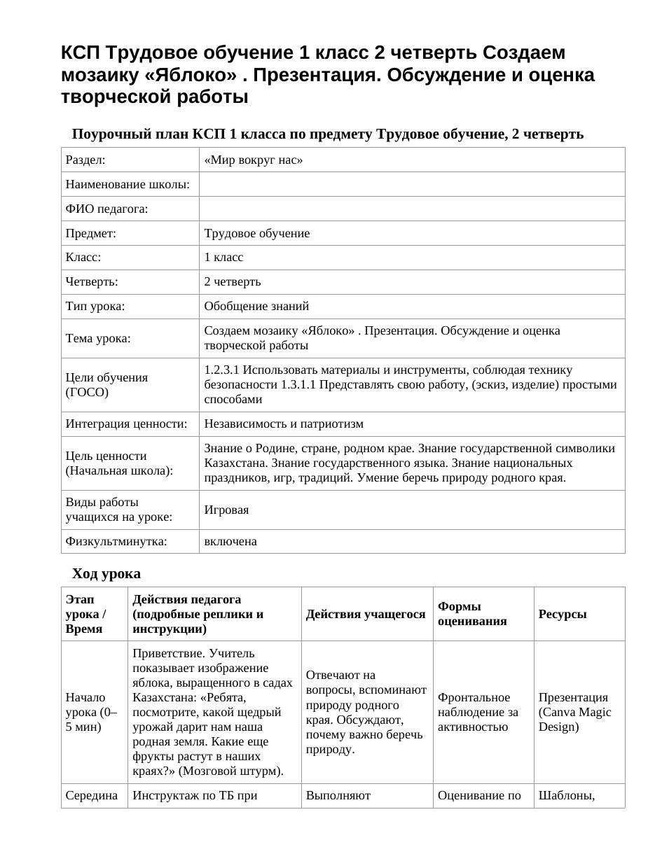 КСП Трудовое обучение 1 класс 2 четверть Создаем мозаику «Яблоко» . Презентация. Обсуждение и оценка творческой работы