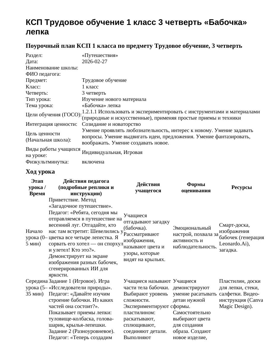 КСП Трудовое обучение 1 класс 3 четверть «Бабочка» лепка