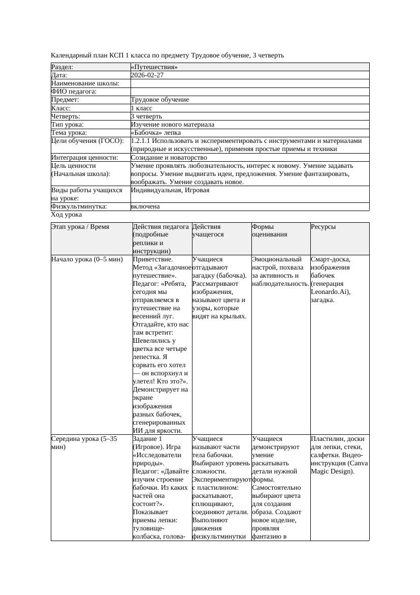КСП Трудовое обучение 1класс 3 четверть Бабочка лепка 20260227 docx