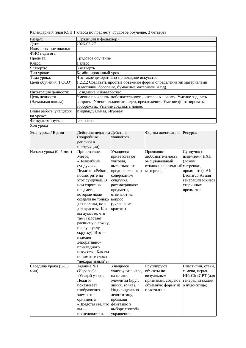 КСП Трудовое обучение 1класс 3 четверть Что такое декоративно прикладное