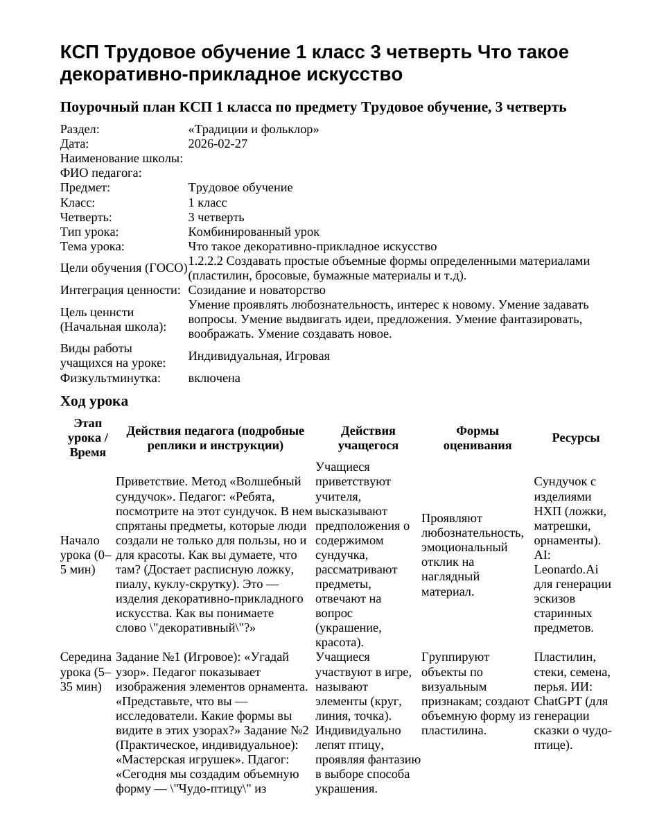КСП Трудовое обучение 1 класс 3 четверть Что такое декоративно-прикладное искусство