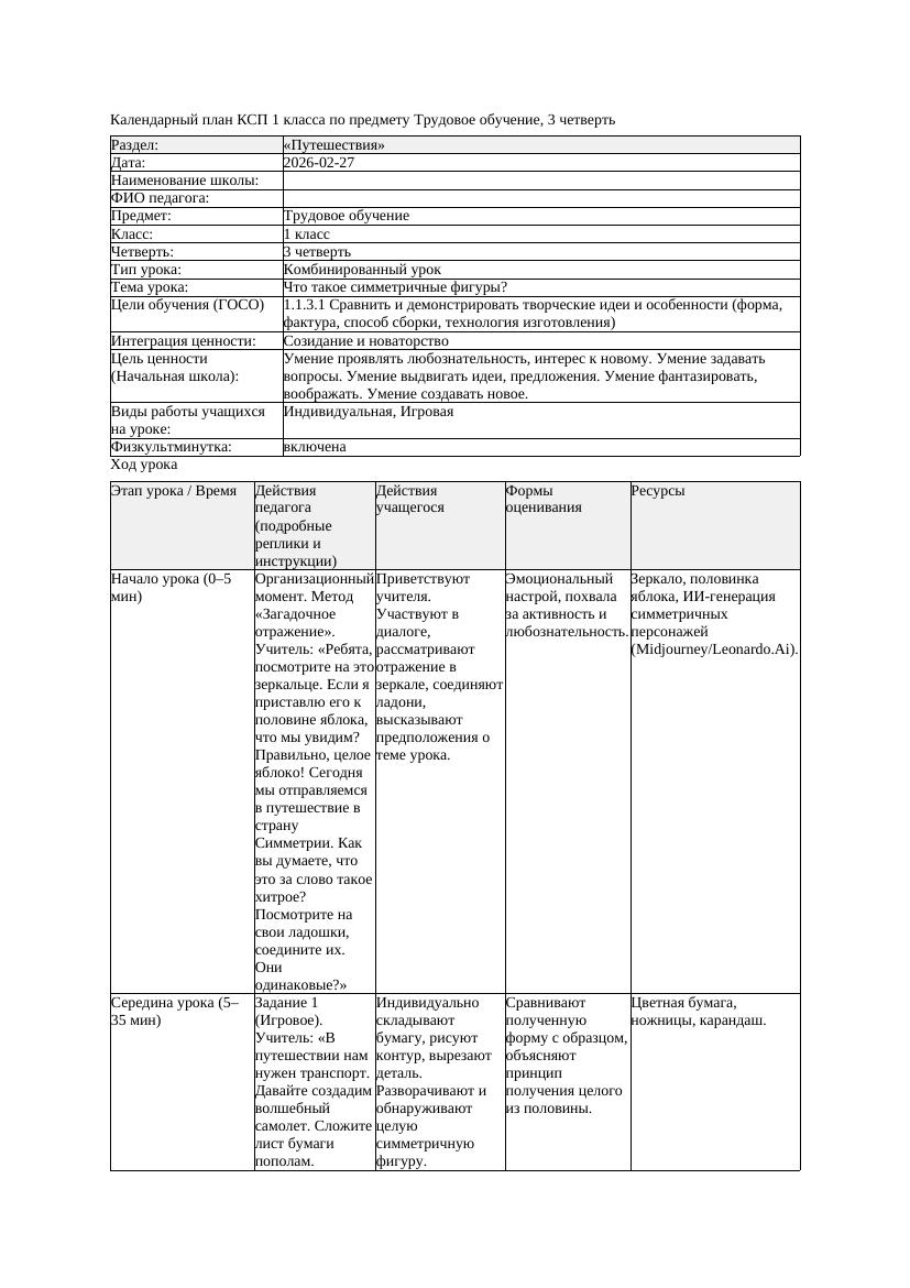 КСП Трудовое обучение 1класс 3 четверть Что такое симметричные фигуры