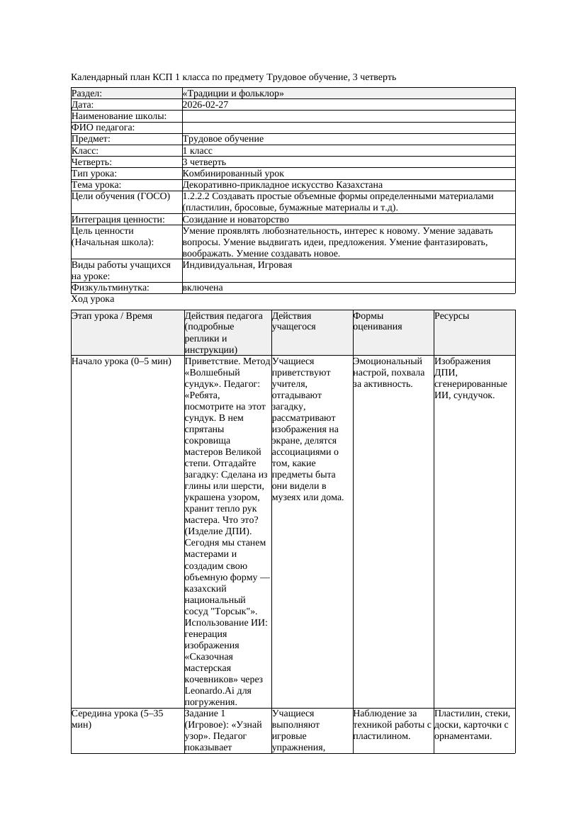 КСП Трудовое обучение 1класс 3 четверть Декоративно прикладное искусство