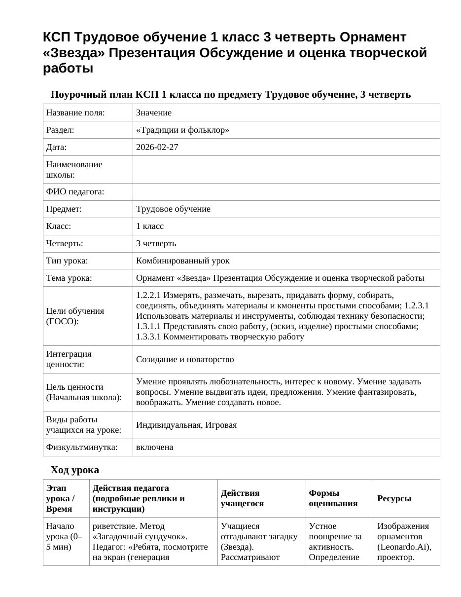 КСП Трудовое обучение 1 класс 3 четверть Орнамент «Звезда» Презентация Обсуждение и оценка творческой работы