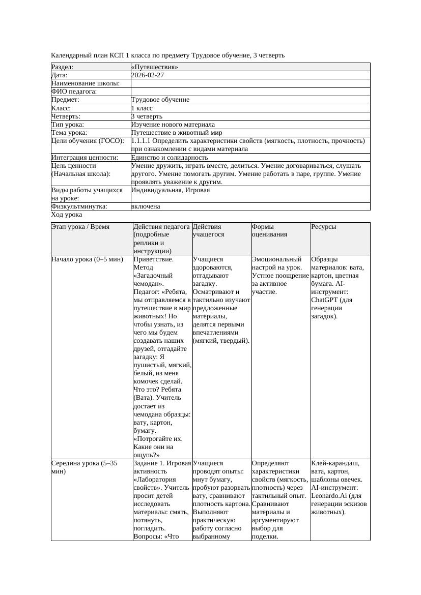 КСП Трудовое обучение 1класс 3 четверть Путешествие в животный мир