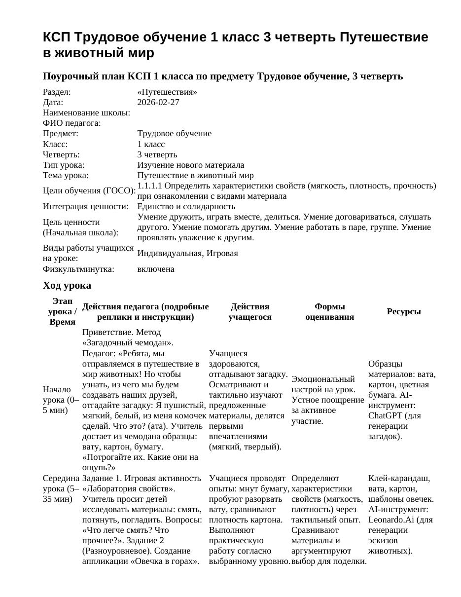 КСП Трудовое обучение 1 класс 3 четверть Путешествие в животный мир