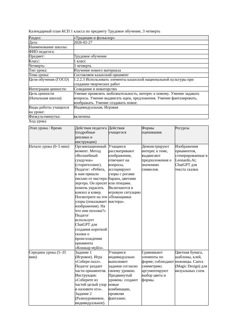 КСП Трудовое обучение 1класс 3 четверть Составляем казахский орнамент