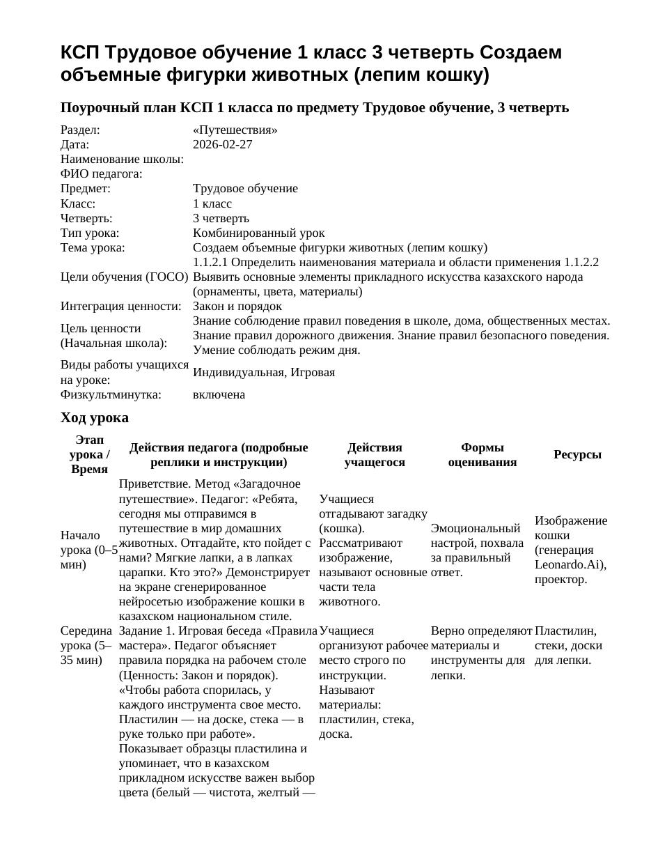 КСП Трудовое обучение 1 класс 3 четверть Создаем объемные фигурки животных (лепим кошку)
