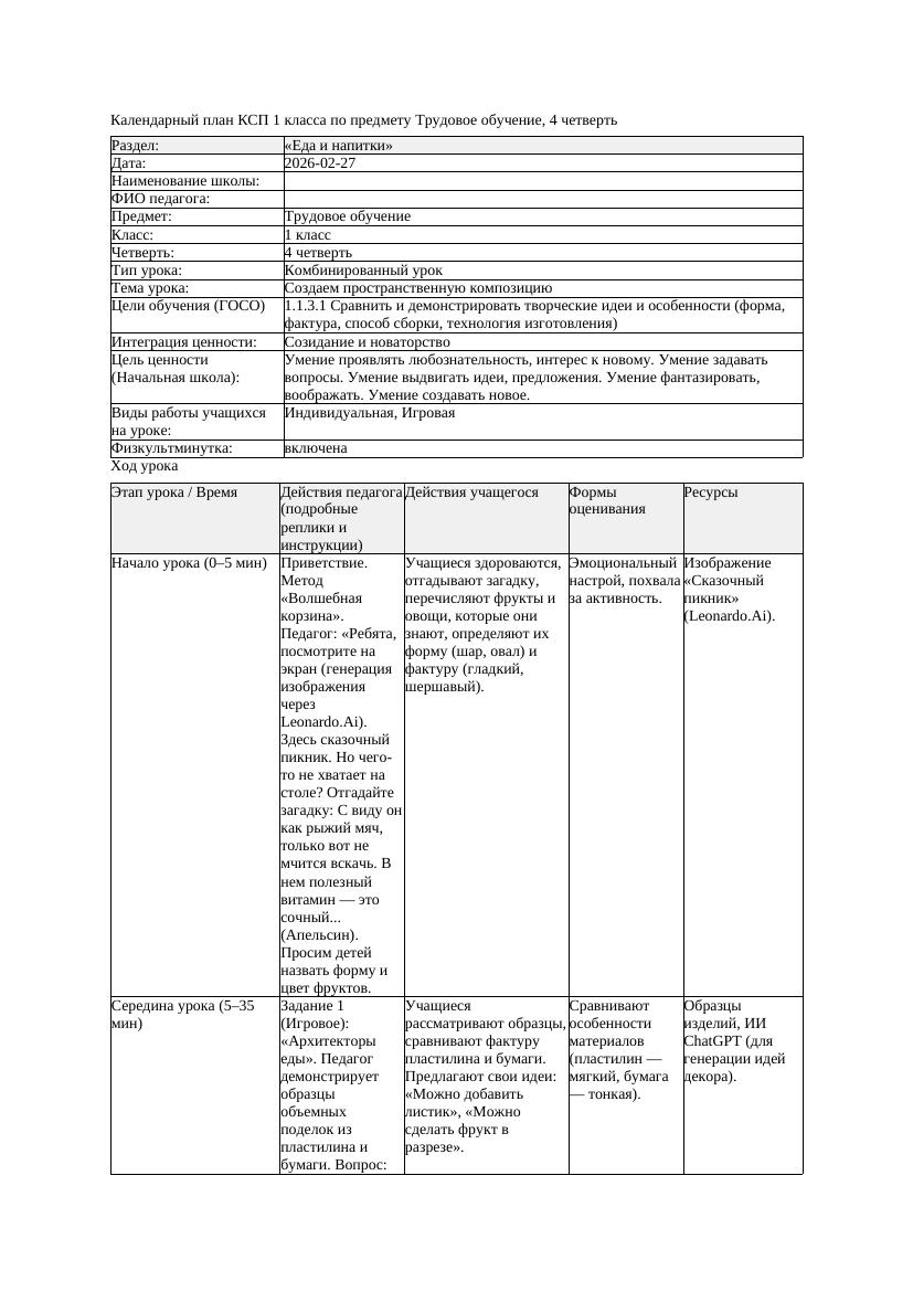 КСП Трудовое обучение 1класс 4 четверть Создаем пространственную