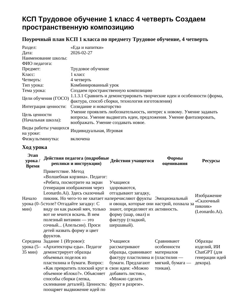КСП Трудовое обучение 1 класс 4 четверть Создаем пространственную композицию
