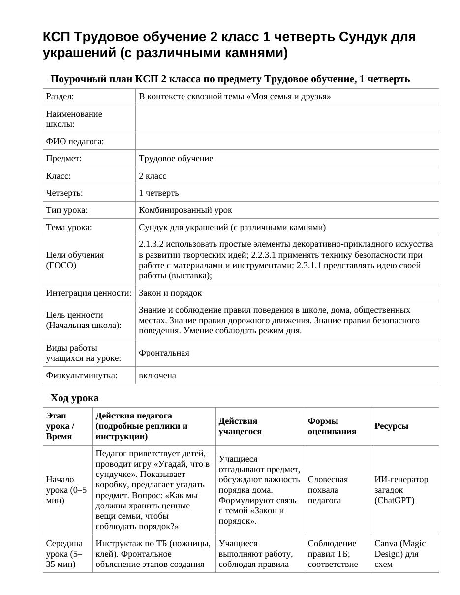 КСП Трудовое обучение 2 класс 1 четверть Сундук для украшений (с различными камнями)
