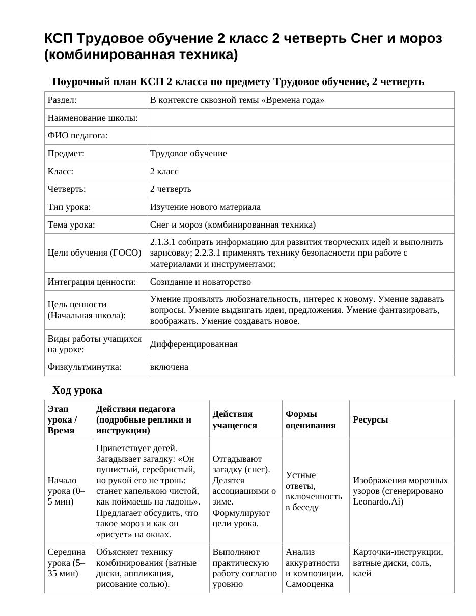 КСП Трудовое обучение 2 класс 2 четверть Снег и мороз (комбинированная техника)