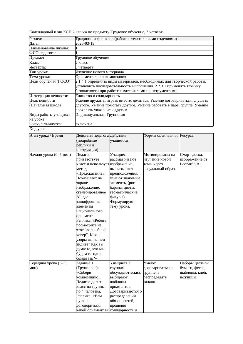 КСП Трудовое обучение 2класс 3 четверть Орнаментальная композиция