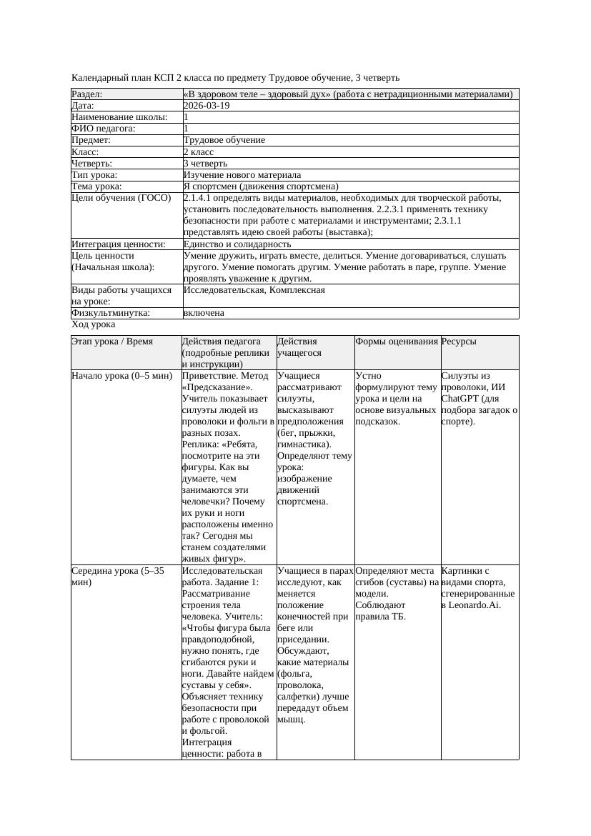 КСП Трудовое обучение 2класс 3 четверть Я спортсмен движения спортсмена