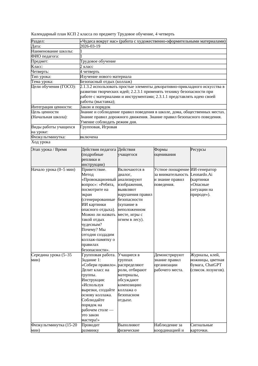 КСП Трудовое обучение 2класс 4 четверть Безопасный отдых коллаж