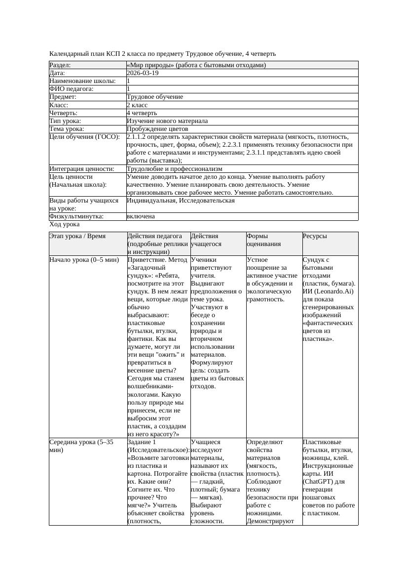 КСП Трудовое обучение 2класс 4 четверть Пробуждение цветов 20260319