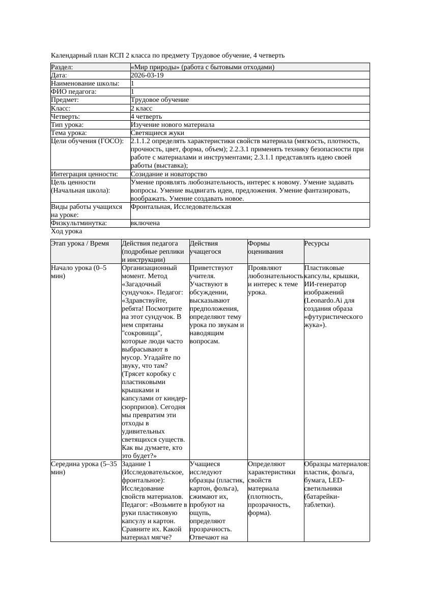 КСП Трудовое обучение 2класс 4 четверть Светящиеся жуки 20260319
