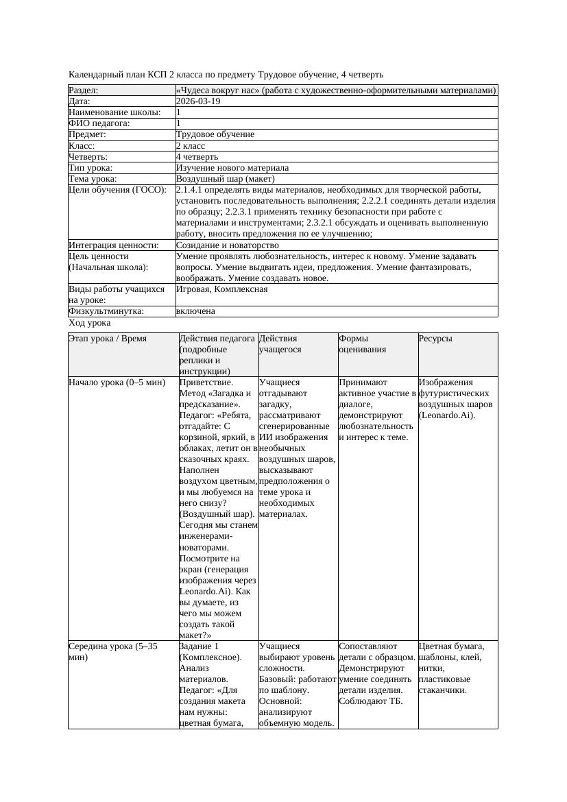 КСП Трудовое обучение 2класс 4 четверть Воздушный шар макет 20260319