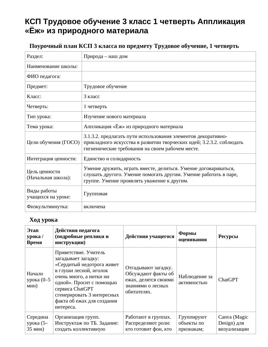 КСП Трудовое обучение 3 класс 1 четверть Аппликация «Ёж» из природного материала