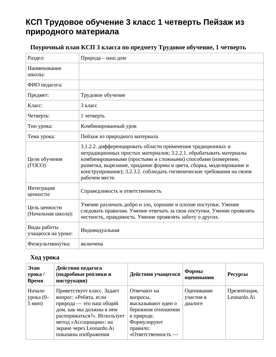 КСП Трудовое обучение 3 класс 1 четверть Пейзаж из природного материала